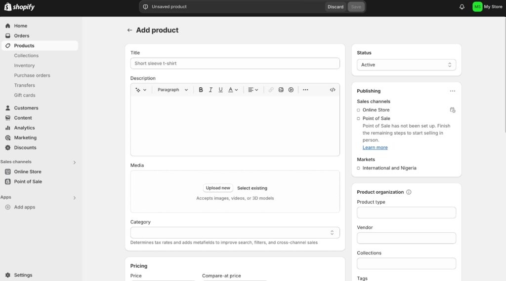 Shopify lets you choose a product title, description, images, videos, and price