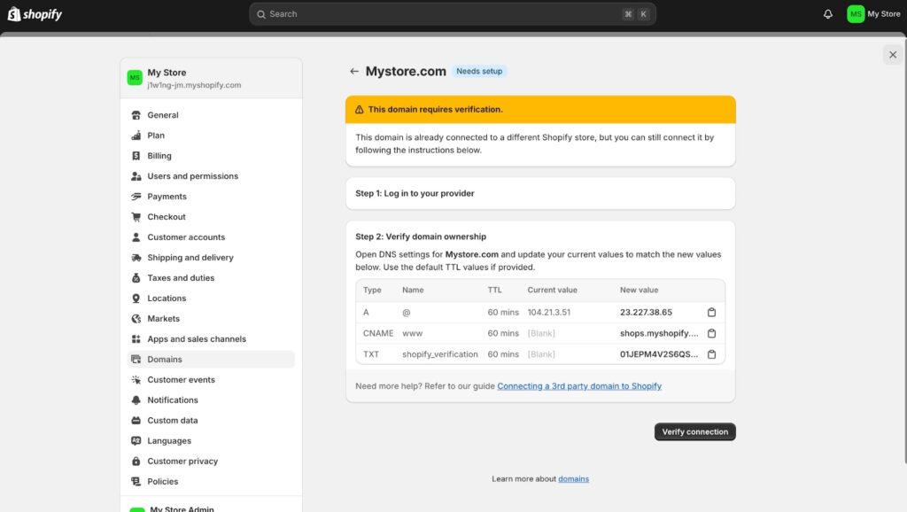 the domain will be immediately connected to your store