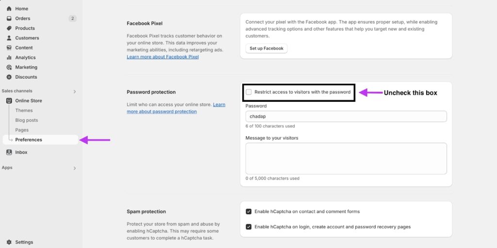 the password protection checkbox